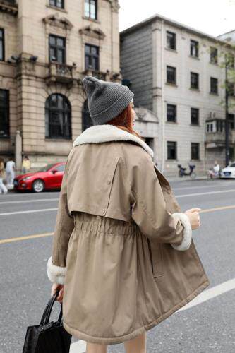 2021冬款新款袖口拼绒收腰设计款派克服，女装，红雀纺