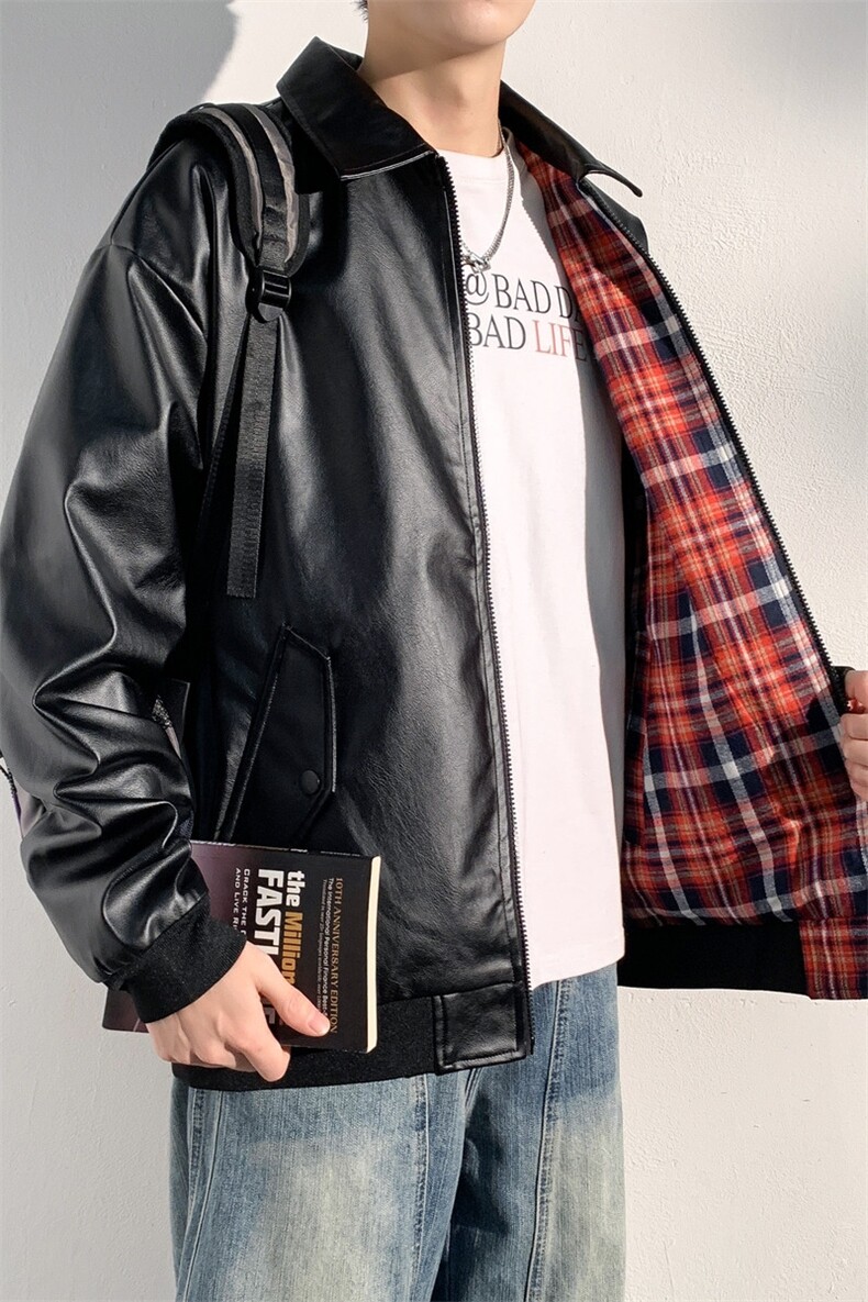 双面穿休闲百搭仿皮衣外套格子机车服高级感夹克A406JK6003P80,男装夹克,星座309（原A406）