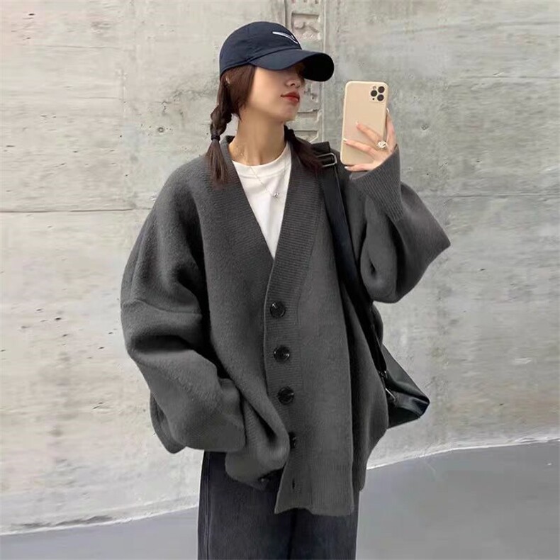 开衫女V领纯色秋冬新款百搭外套毛衣针织上衣图片