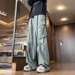 DK524-P58美式侧边大口袋宽松褶皱阔腿工装裤男解构设计感裤子图片