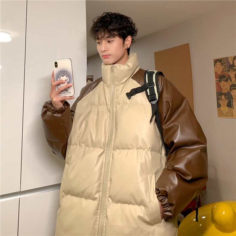 港风拼接撞色面包服时尚立领保暖皮棉服A247-MY520特批85，男装棉衣，电商A247