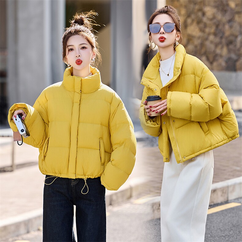 黄色立领泡芙羽绒服女冬季加厚2025新款洋气好看小个子短款面包服,女装羽绒服,雅佳俏