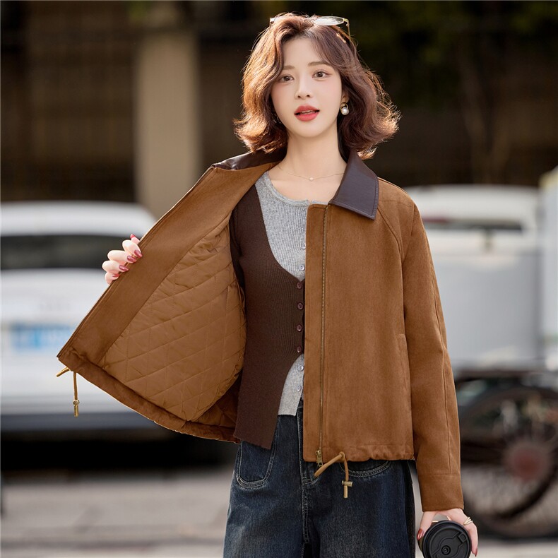 麂皮绒夹棉外套女2025冬季新款小个子棉服女翻领撞色帅气百搭外套,女装棉衣/棉服,梦懿尔