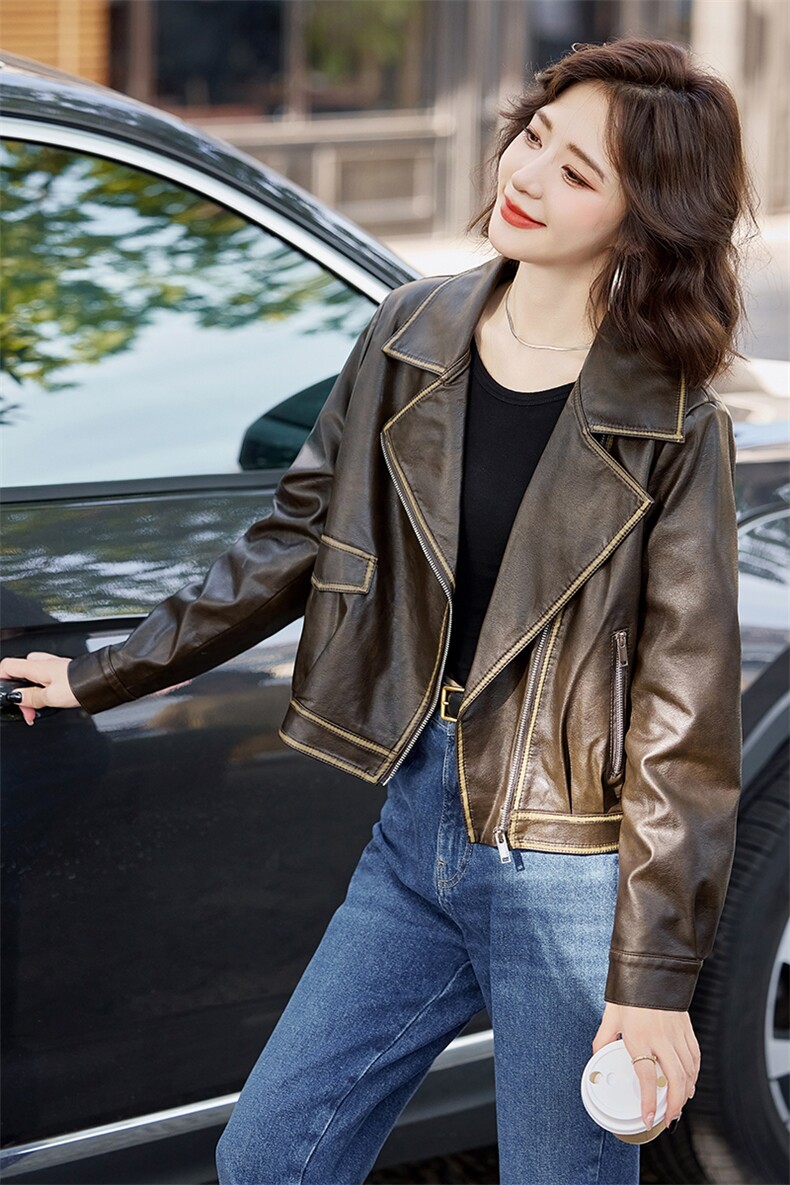 港风美式复古pu皮衣外套女2025春新款设计感小个子短款机车皮夹克，女装皮衣，简古