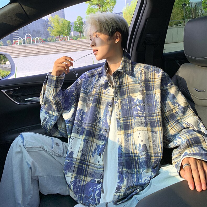 加厚泼墨扎染时尚格子男士长袖衬衫情侣休闲衬衣外套CS908-特P48，男装衬衫，电商A006