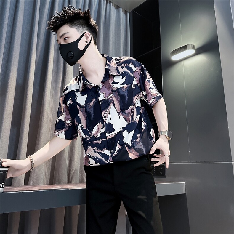 301C-CS21-P58控78痞帅高级感衬衫男薄款短袖印花社会小伙店主风,男装衬衫,星座301C（原B323）