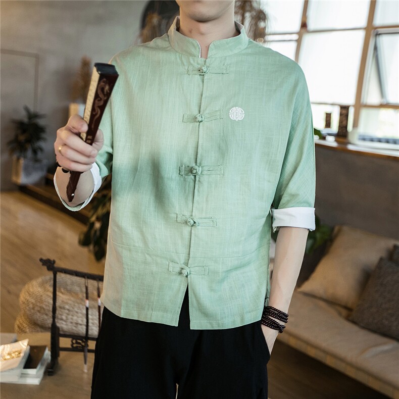 夏大码风中式短袖薄款透气盘扣亚麻棉麻衬衫唐装男女C30/P55,男装衬衫,钱塘713