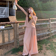 粉色无袖圆领上衣套装夏女2025新款法式茶歇气质宽松阔腿裤两件套，女装套装/套裙，2D034