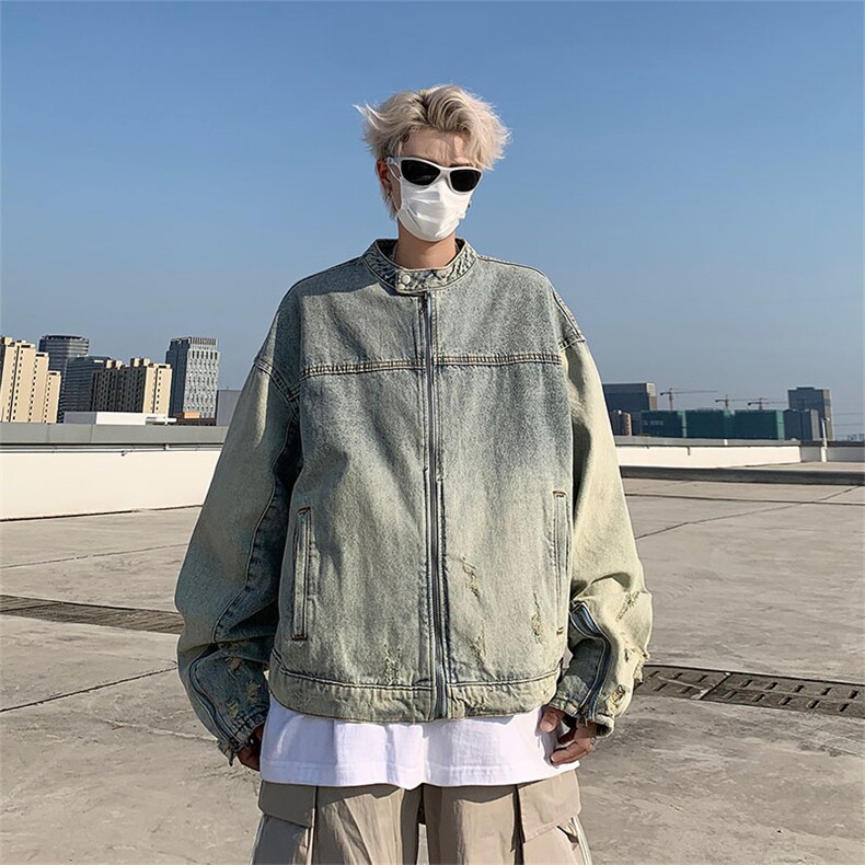 高品质秋款男牛仔立领夹克工装侧边开叉拉链破洞外套JK8621P80,男装夹克,星座1013-1
