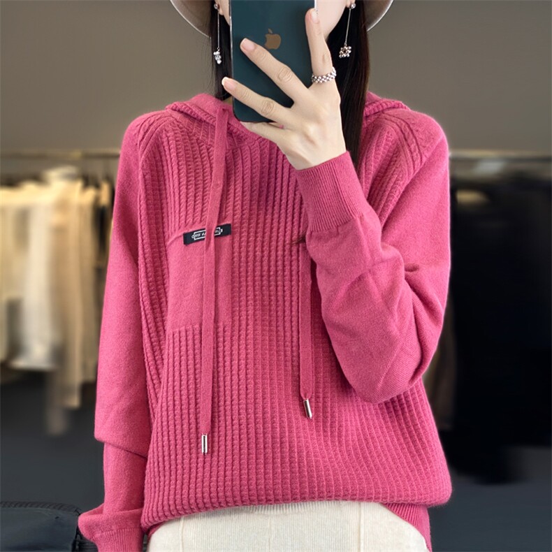 时尚百搭绿色针织帽衫修身显瘦长袖毛衣舒适保暖女款外套,针织衫/毛衣,大美人包芯纱店