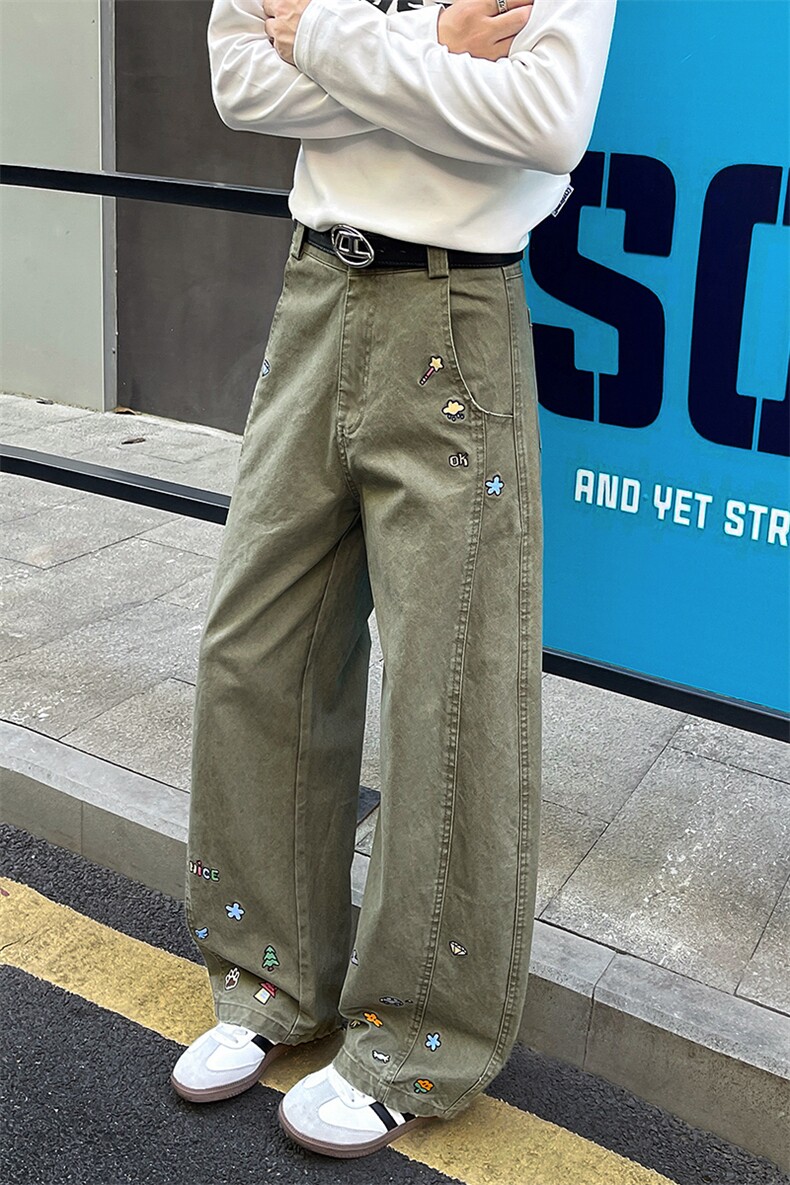 8X-M卡通绣花休闲裤男2025新款情侣宽松阔腿弯刀裤子K9173P78,男装休闲裤,电商D206-1