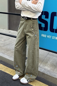 8X-M 卡通绣花休闲裤男2025新款情侣宽松阔腿弯刀裤子K9173P78图片
