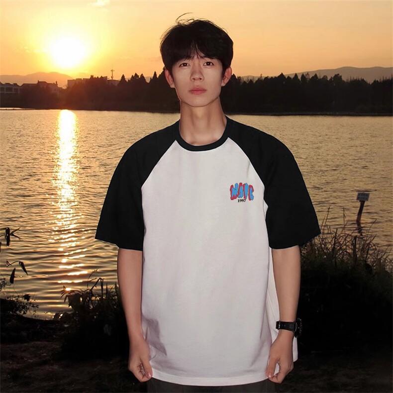 抖音得物高品质二开240克宽松纯棉美式潮牌插肩袖拼接短袖T恤，男装T恤，电商A486