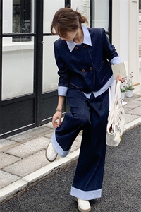 春装搭配一整套假两件牛仔套装女2025年新款休闲外套直筒裤两件套图片