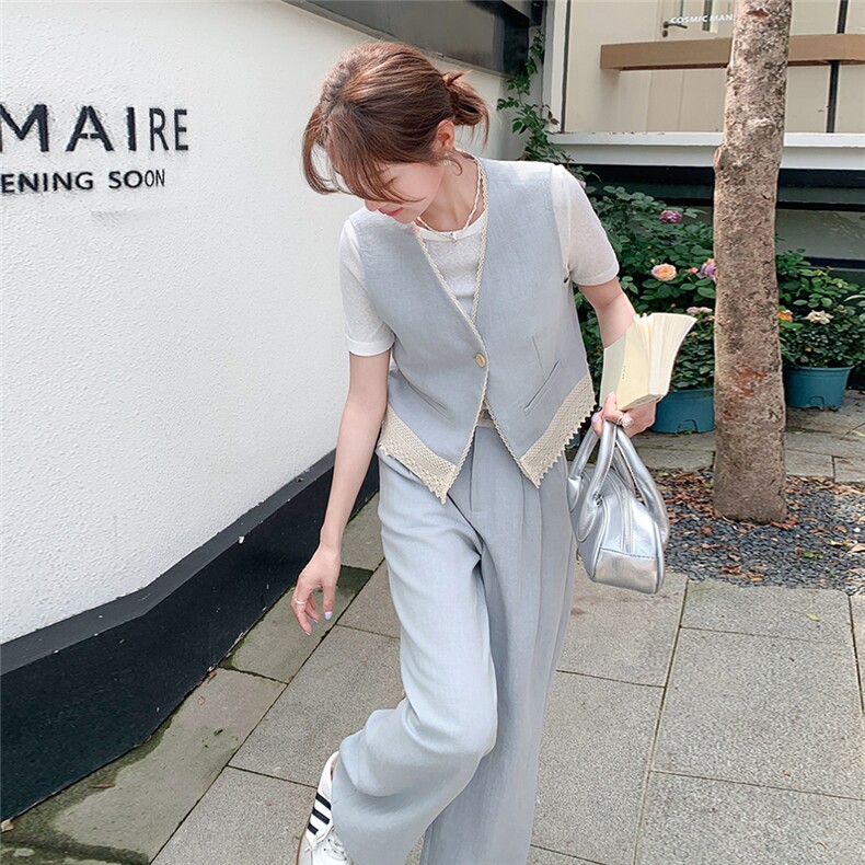 蕾丝花边马甲阔腿裤套装女2025夏季新款韩系高级感气质超火三件套,女装套装/套裙,2C203
