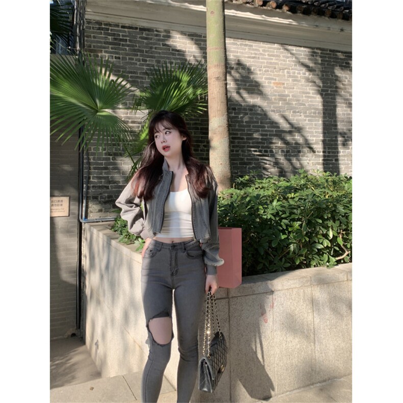 A420-P78弧形下摆短款水洗牛仔外套女新款宽松显瘦小众拉链上衣,男装工装外套,星座911
