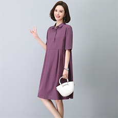 棉麻连衣裙女夏季2025新款大码宽松显瘦法式气质妈妈亚麻衬衫裙子，女装连衣裙，忆绮罗