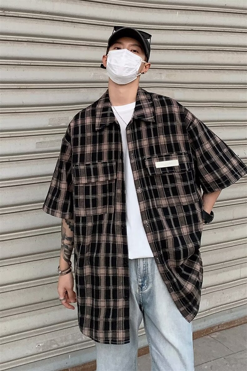 夏季标准文艺方领格子潮青春流行衬衫C588P42,男装衬衫,星座1116-2