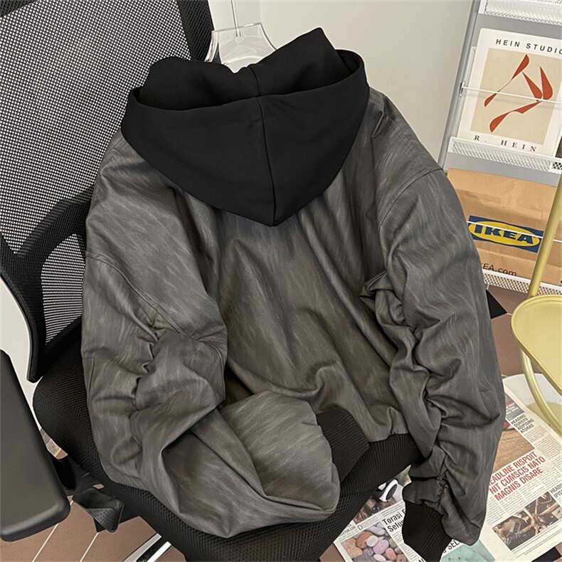 美式复古棒球服男春秋季宽松休闲连帽pu皮纹理夹克外套JK9306-P85,男装夹克,星座308B-2