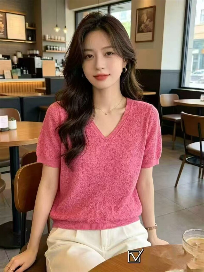 高级感V领莱赛尔天丝短袖针织衫女薄款宽松显瘦百搭T恤打底衫上衣,女装T恤,美轩羊绒