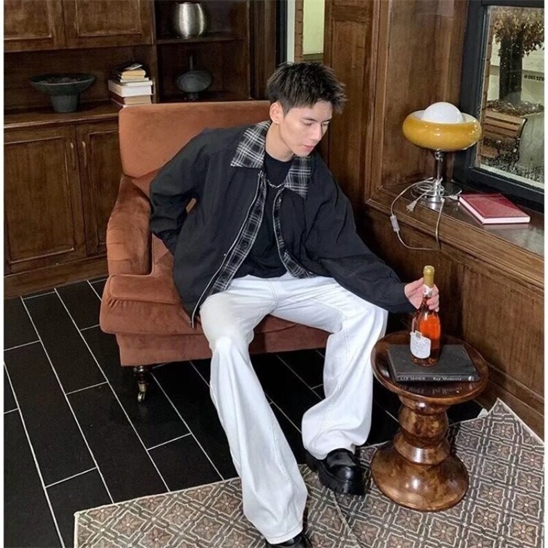春秋美式复古翻领格子拼接假两件夹克男高级设计感棒球服外套潮牌,男装夹克,星座218-1（原230）