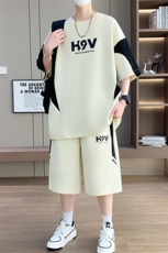 港风套装男休闲宽松时尚拼接色圆领短袖T恤短裤两件套-TZ1718-P57，男装牛仔裤，星座310B-3