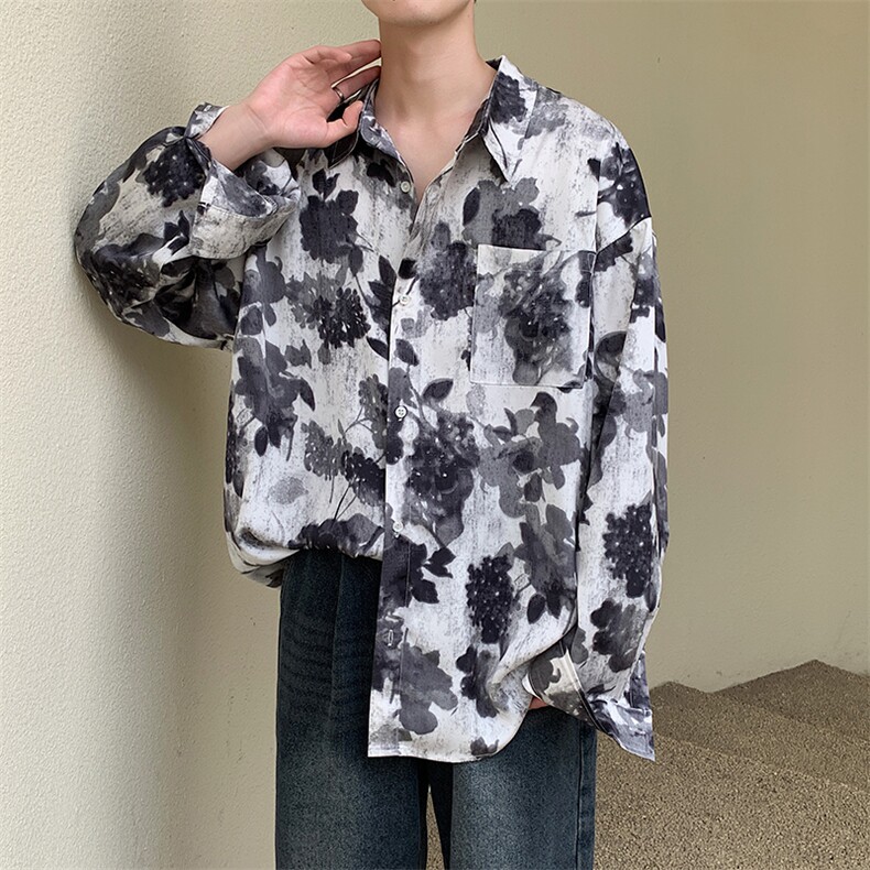 风水墨画高级感上衣男式衬衣复古树叶衬衣男装春225-2-CS705,男装衬衫,星座225-2