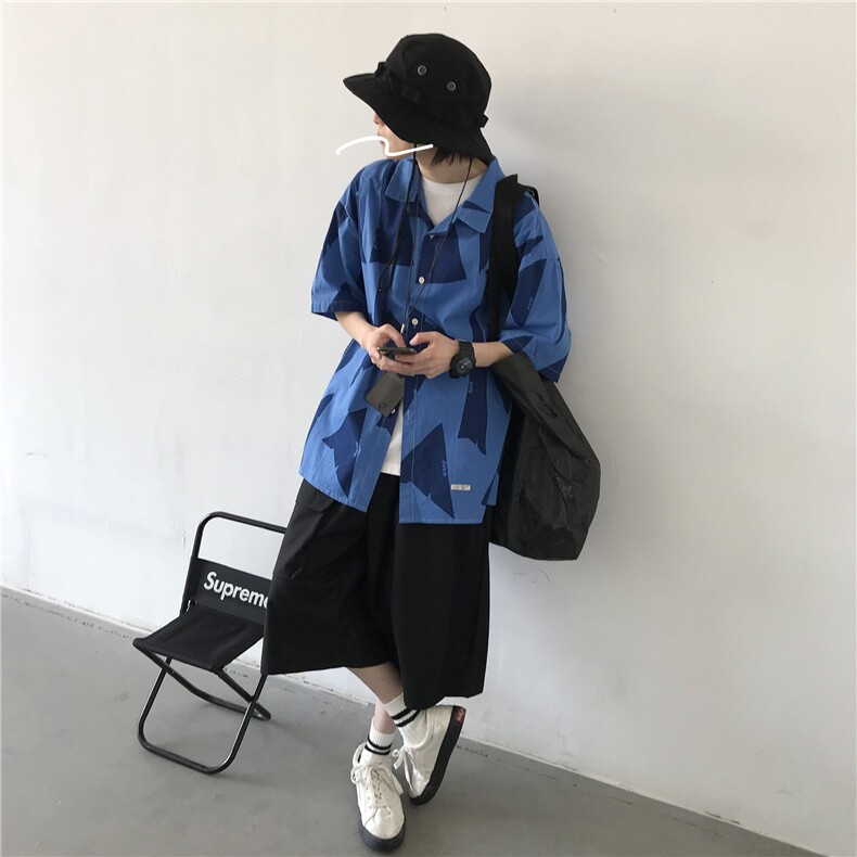 夏威夷风日系蓝色短袖衬衫男港风休闲印花拼色五分袖衬衣CG01,男装T恤,星座1116A（原606A-3）