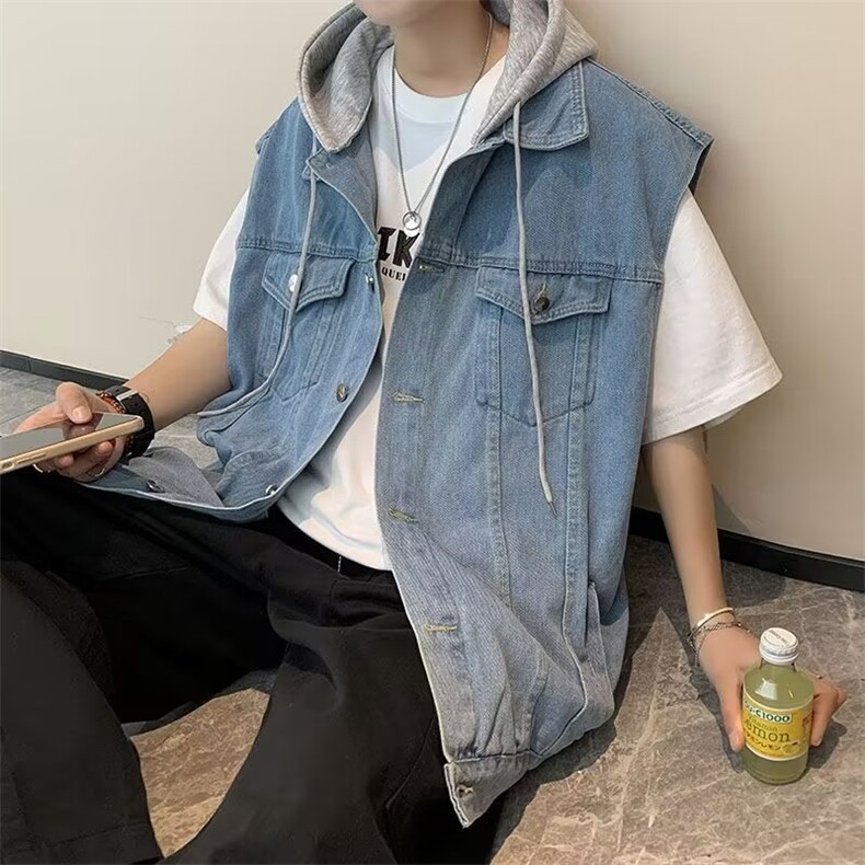 牛仔马甲男连帽韩版潮流痞子帅气春夏季ins宽松外套M1168-P50图片