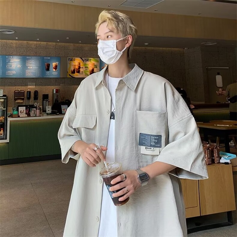 短袖衬衫男夏季潮牌日系宽松潮流衬衣休闲百搭工装外套男衣服图片