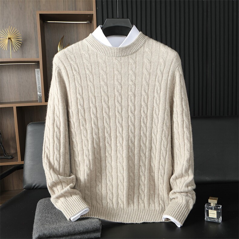 男士秋冬季新款舒适时尚七针扭花圆领羊绒衫，男装羊绒套衫，台绒羊绒