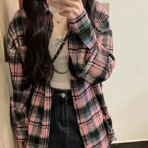 慵懒风复古休闲格子长袖衬衫男女情侣2024秋季新款休闲百搭上衣图片