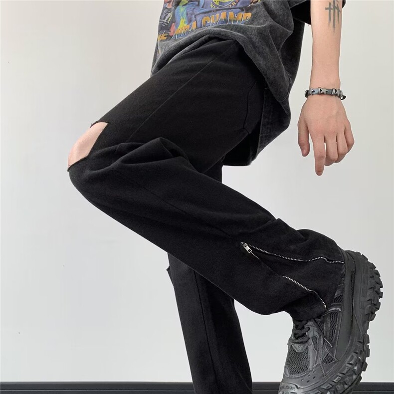 复古破洞牛仔设计感街头痞帅拉链开叉直筒长裤NZ082,男装休闲裤,星座1002-2