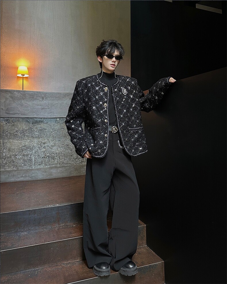 现货 25秋冬男士亮片刺绣格纹小香风毛呢外套XXF47-P168图片