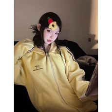 美式复古三条杠条纹连帽卫衣春秋薄款宽松oversize慵懒拉链外套，女装短外套，星座601-1