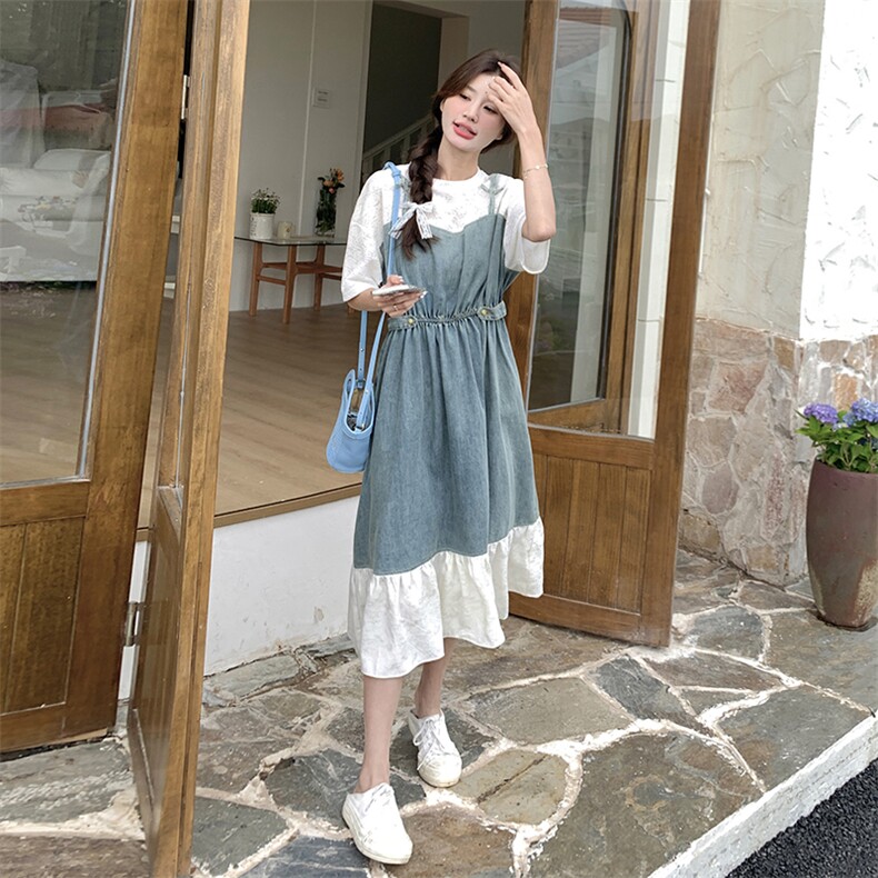 假两件拼接牛仔背带连衣裙女2025夏季新款韩版宽松休闲减龄长裙子,女装连衣裙,2C098
