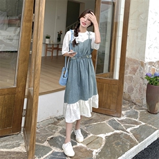 假两件拼接牛仔背带连衣裙女2025夏季新款韩版宽松休闲减龄长裙子，女装连衣裙，2C098
