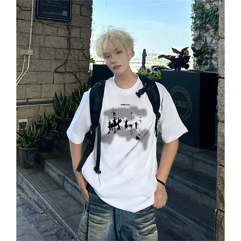 抖音得物供货210克现货宽松纯棉美式潮牌印花落肩袖纯棉T恤AT2138,男装T恤,电商A443