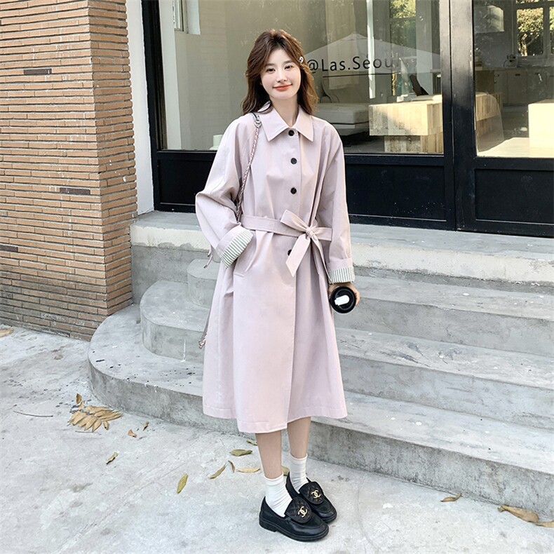粉色甜美减龄风衣外套女2025年秋季新款韩版中长款系带收腰大衣,女装套装/套裙,2C217