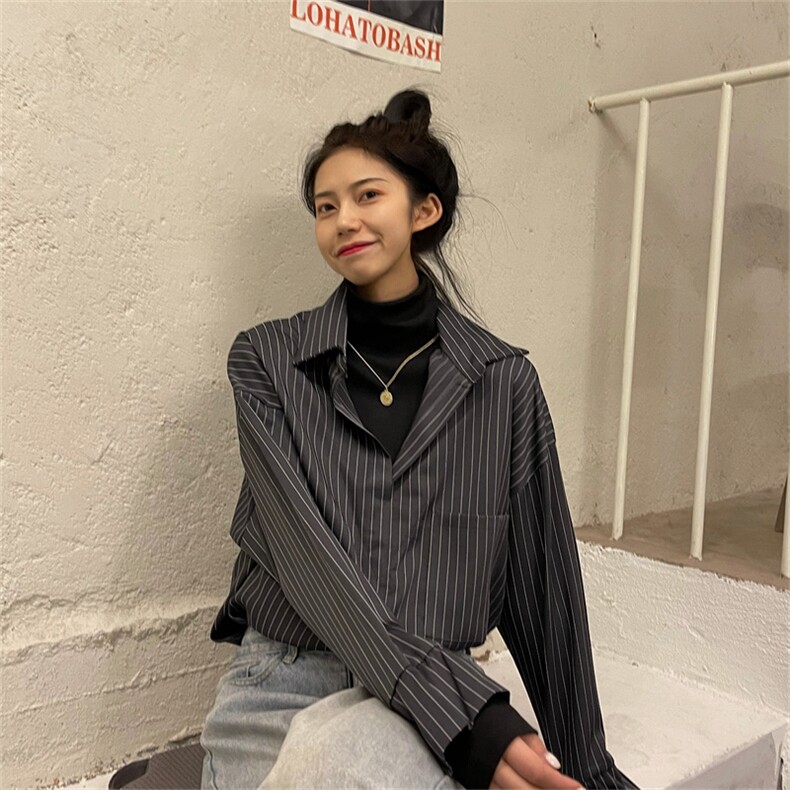 TC695-P50假两件高领竖条纹港味复古衬衫休闲黑暗系宽松上衣,女装衬衫,星座617A-2