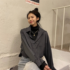 TC695-P50假两件高领竖条纹港味复古衬衫休闲黑暗系宽松上衣，女装衬衫，星座617A-2