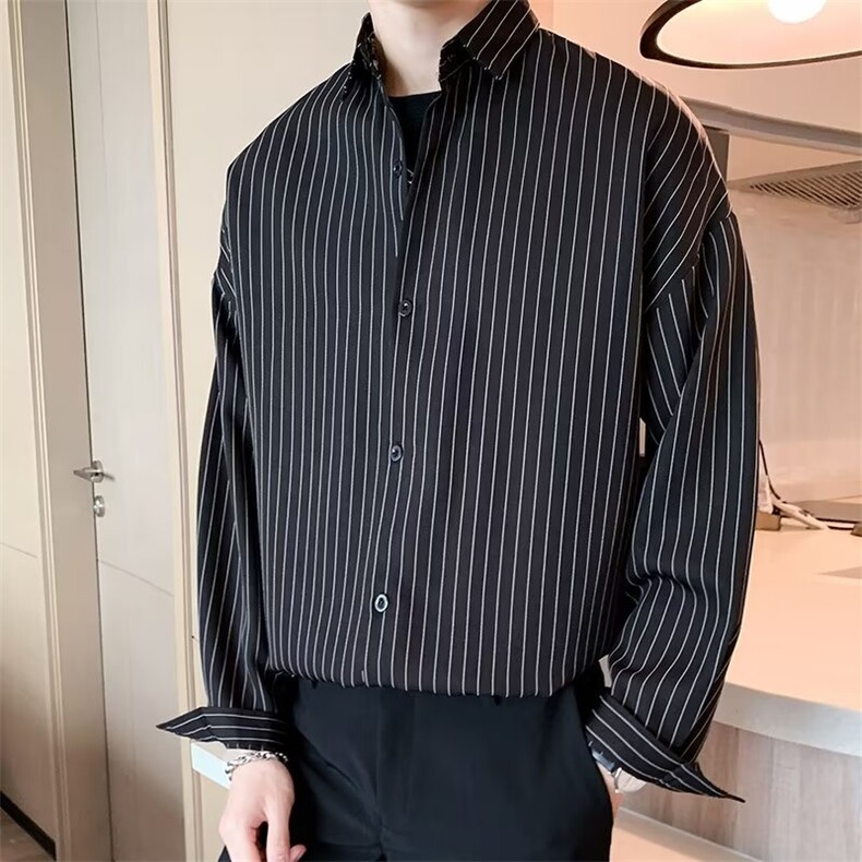 条纹衬衫外套男春秋季潮牌休闲衣服短袖潮流男士长袖黑衬衣C303,男装衬衫,星座1116A-2（原606A-1）