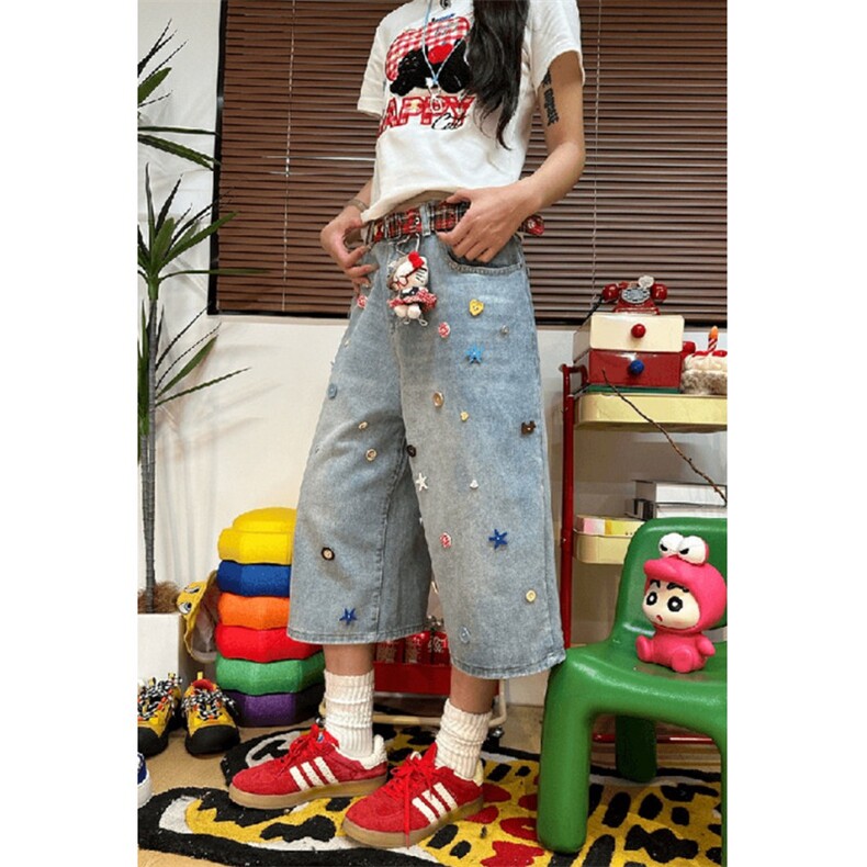 多巴胺彩色纽扣七分裤男女夏季阔腿牛仔裤宽松情侣中裤NK006,男装牛仔裤,星座1116A（原606A-3）