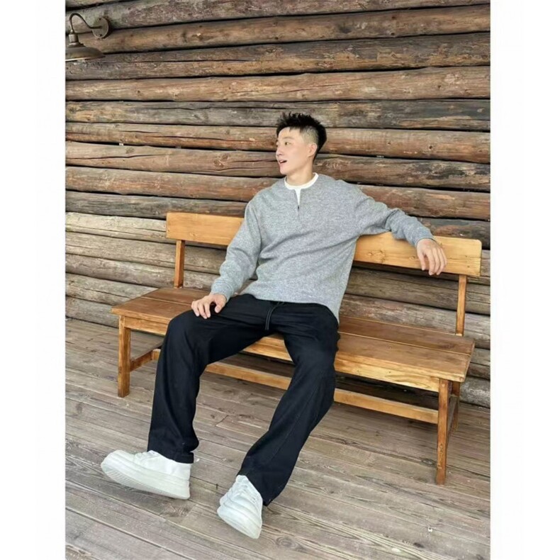 密歇根绵羊毛假两件半拉链老钱V领宽松情侣百搭针织衫毛衣XM03P65,男装针织衫/毛衣,电商D256