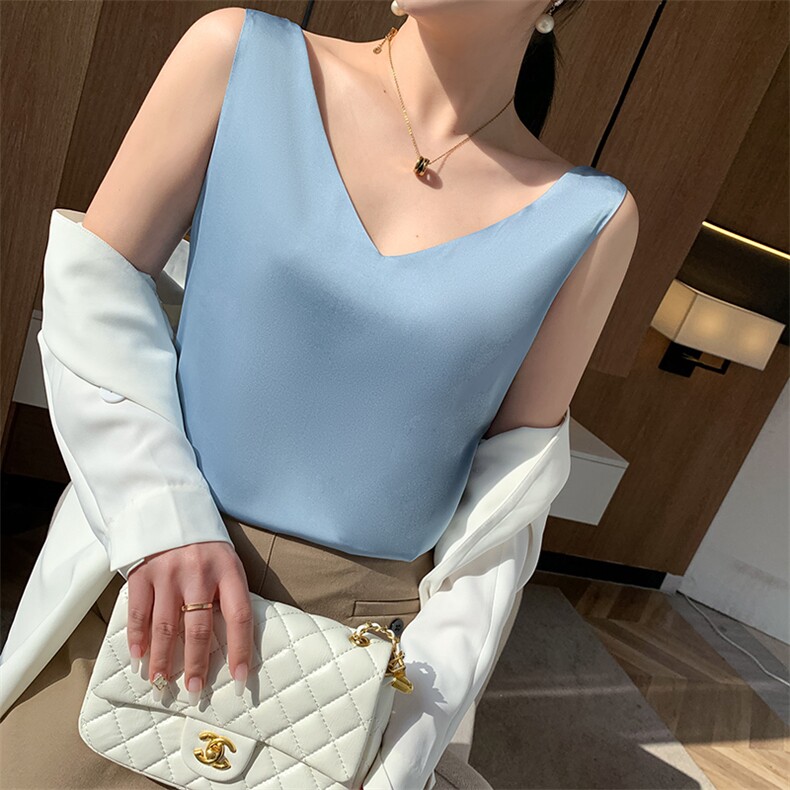 重磅真丝前后双V领女夏无袖西装吊带内搭宽松真丝纯色外穿上衣,女装背心吊带,朝贺羊绒
