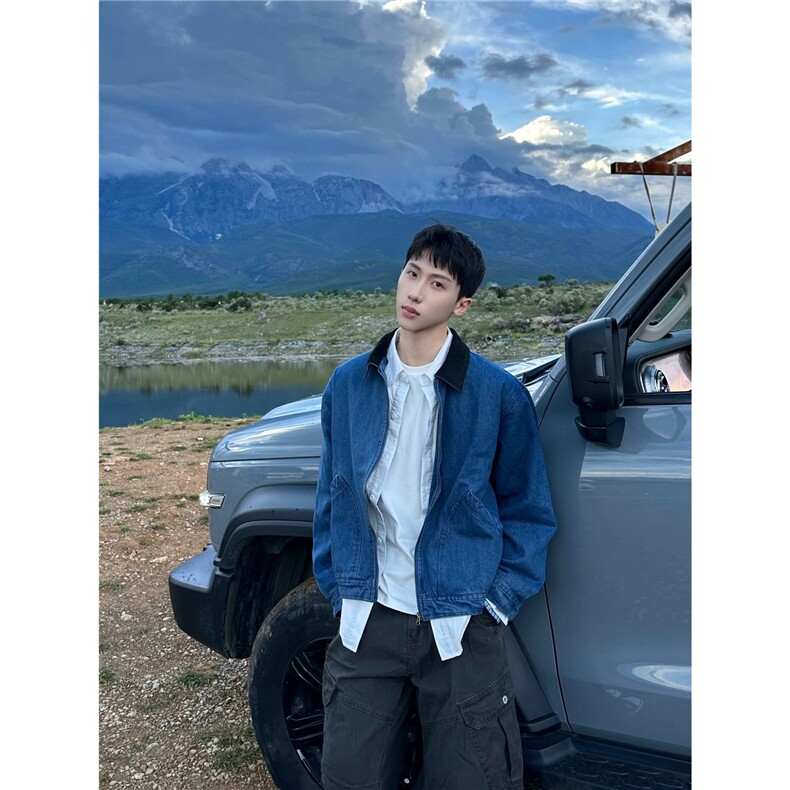 F4009-P59美式复古水洗短款cleanfit牛仔外套藏蓝宽松休闲夹克，男装工装外套，电商B323A