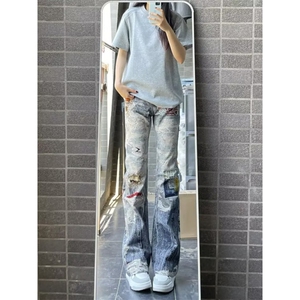欧美百搭绣花补丁破洞牛仔裤男士修身小脚裤弹力潮牌复古做旧裤子图片
