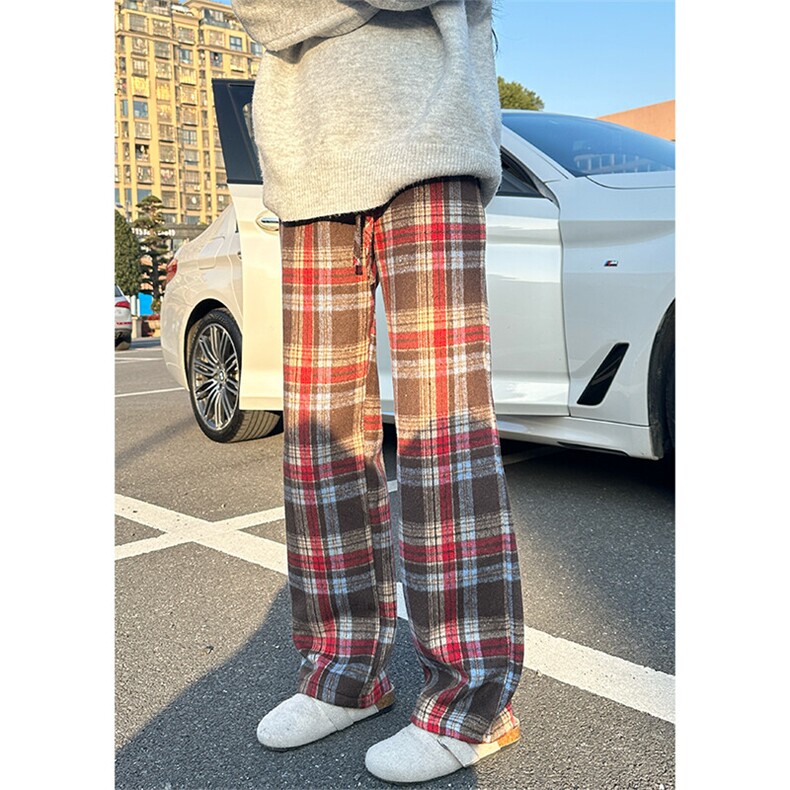 YK86040-P35加绒P45聚酯纤维美式复古红色格子裤,男装休闲裤,电商A086-1