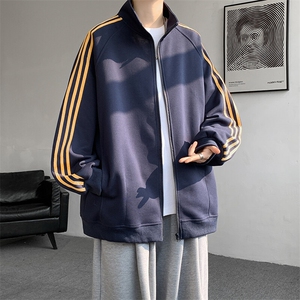 8XL-M三条杠运动卫衣特大码美式条纹立领夹克开衫外套JK5205/P65图片