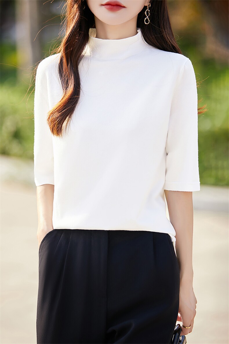 半高领短袖t恤女2025春夏新款五分袖针织衫宽松打底半袖纯色上衣,女装T恤,暖烁特种纱工厂店
